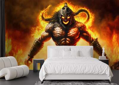 muscular demon warrior surrounded by flames, horns, hell, battle, fantasy, art illustration   Wall mural