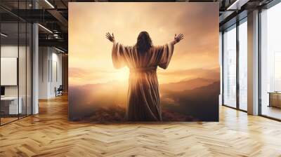 Rear view of Jesus Christ raised hands and praying to god with a sunrise sky background, generative ai  Wall mural