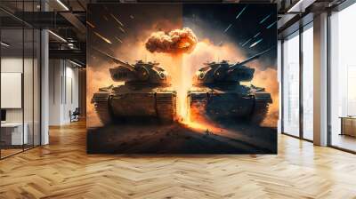 Two tanks, tank battle, war, art illustration Wall mural