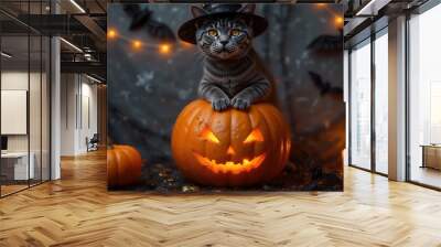 A cat wearing a black hat sits on top of a pumpkin Wall mural