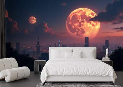 A city with two large moons in the sky Wall mural