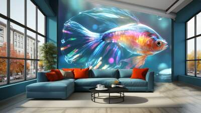 A fish with a rainbow tail swims in a tank with a flower Wall mural