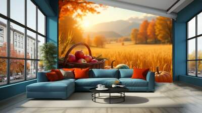 Autumn harvest in a wheat field Wall mural