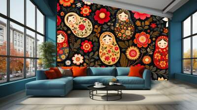 Matryoshka dolls and flowers on a black background Wall mural