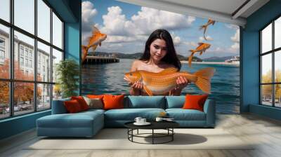 Portrait of a woman with a fish. AI Wall mural