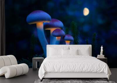 Fantastic world of mushrooms. Glowing mushrooms in the night forest. Night landscape. Wall mural