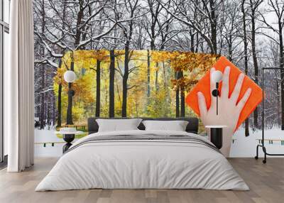 hand deletes winter urban park by orange cloth Wall mural