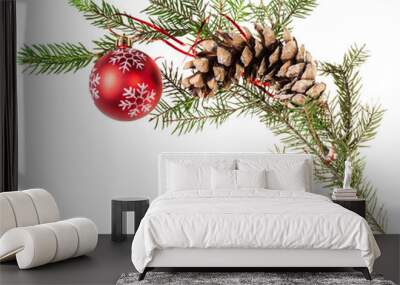 twig spruce tree with cone and red ball on white Wall mural