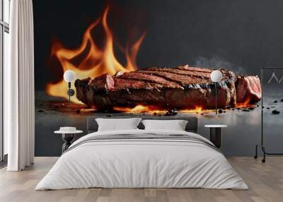 Delicious juicy grilled medium rar beef steak in fire with free space for text on grey background Wall mural