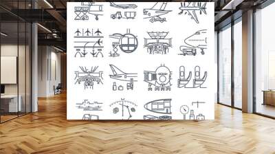 set of thin line icons airport and airplane, freight, cargo aircraft Wall mural