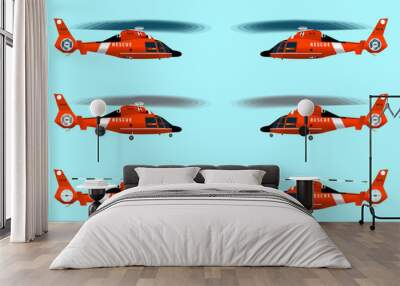 Red rescue helicopter. Flying in the sky. Standing on the ground. With the landing gear retracted and released. Set helicopters. Isolated objects. Vector graphics. Wall mural