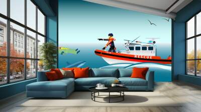 Vector illustration. Rescue boat and fishermen at sea. The collapse of the sea. A sinking ship. Shark. Fishing net. Rescue at sea. Lifeguard boat. Swimmer. Wall mural