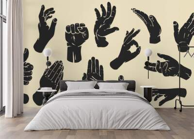 Hand drawn silhouettes hands in retro monochrome style. Set different gestures isolated on white background. Batch flat design concept. Modern vector retro illustrations with arm. Wall mural