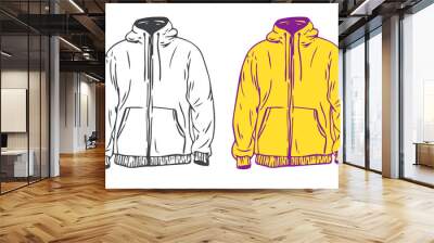 Hooded sweat jacket in cartoon hand draw flat style. Fashion unisex casual cloth isolated on white background. Set color and outline element. Vintage vector illustration. Wall mural