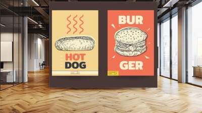 Set fast food template background for cover, poster, menu with burger, kebab, hotdog in vintage sketch style. Collection bright creative graphic concept design. Vector illustration. Wall mural