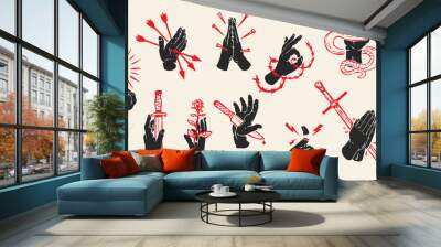 Set hand draw composition with silhouettes hand and red elements in vintage retro style. Design concept art for old school tattoo, banner, sticker. Vector fashion cartoon illustration. Wall mural