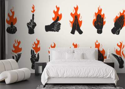 Set human hands with fire or flame in retro flat style. Collection different vector illustration for tattoo, print. Various vintage color art composition. Wall mural