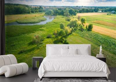 Aerial view of countryside and brook on a spring sunny day. Beautiful nature landscape in spring Wall mural