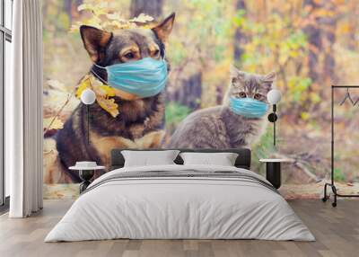 Dog and cat in medical face mask (respirator) outdoors. Medical concept Wall mural