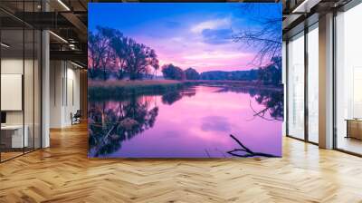 Magical sunrise over the lake. Misty morning, rural landscape Wall mural