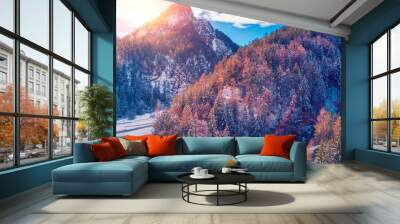 Mountain valley with the Pisnica river in winter. The tops of the mountains are covered with snow. View of the Alps in Kranjska Gora at dawn. Triglav National Park. Slovenia Wall mural