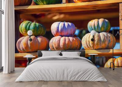 Pumpkins House wall. Halloween, Thanksgiving, autumn harvest background Wall mural