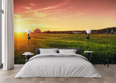 Rural landscape with beautiful gradient evening sky at sunset. Green field and village on horizon  Wall mural