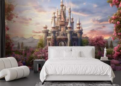 3D illustration of a fantasy castle surrounded by flowers roses and clouds Wall mural