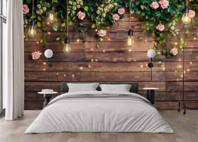 A backdrop of a wooden wall adorned with delicate lamps and fresh blooms offers ample copy space image Wall mural