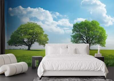 A beautiful summer scene with two grand plane trees standing on a lush field, ideal for a copy space image. Wall mural