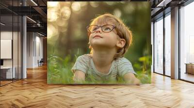 A child wearing glasses explores the forest and grass A young boy enjoys a camping trip Outdoor activities with children. with copy space image. Place for adding text or design Wall mural