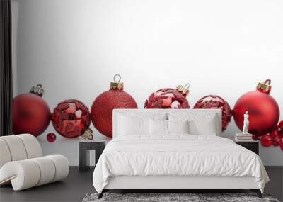 A Christmas themed border set against a white backdrop adorned with red Christmas balls perfect as a copy space image Wall mural