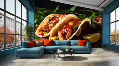 A close-up view of two delicious tacos filled with seasoned beef, colorful peppers, and fresh cilantro on a wooden cutting board Wall mural