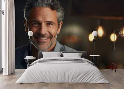 A confident and happy middle aged man in his 50s is depicted in a dark and cozy room with a pleasant smile on his face The image offers copy space Wall mural