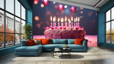 A copy space image of a pink birthday cake adorned with red number shaped candles marking the celebration of a fortieth birthday or anniversary Wall mural