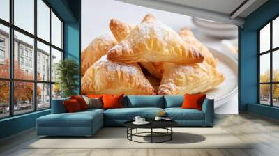 a copy space image of apple turnovers made from puff pastry served as a dessert on a white wooden ta Wall mural