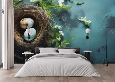 A creative flat lay with an Easter egg and nest set against a minimal nature background captures the concept of a sunny spring day during the holidays The image includes a generous amount of copy spac Wall mural