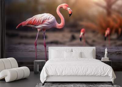 A Dubai wetland reserve with pink Caribbean flamingos Wall mural