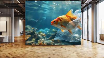 A fish with a plastic bag Pollution in oceans concept. with copy space image. Place for adding text or design Wall mural