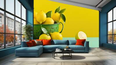 A fresh arrangement of bright yellow lemons rests in a white basket atop a light green backdrop offering a copy space image that symbolizes the arrival of spring and the importance of a healthy lifes Wall mural