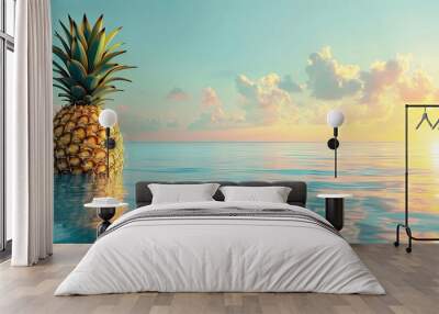 A pineapple is getting ready for a swim in a vibrant blue ocean with a beautiful sunset reflected in the water providing a tranquil copy space image Wall mural