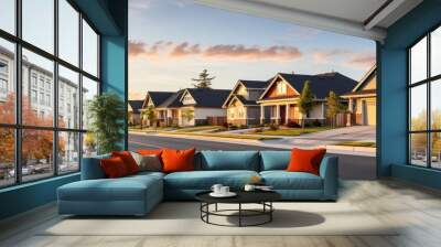 A residential area at dusk with spacious homes and yards captured from the street providing room for copy Wall mural