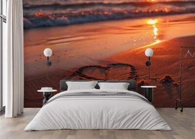 A romantic scene on a tranquil beach at sunset with a heart drawn in the sand and enough space for text Ideal for wedding themes Valentine s Day or love concepts. with copy space image Wall mural