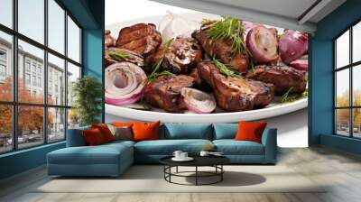 A serving of cooked meat and onions presented on a clean white plate is ready to be served for a delicious meal Wall mural