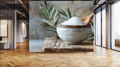 A tiny ceramic bowl with salt and an olive wood spoon perfect for a rustic kitchen feel isolated in a beautiful setting with a blank background as a copy space image Wall mural