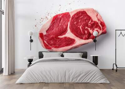 A top view image featuring raw organic beef or lamb meat placed on a white table providing ample copy space Wall mural