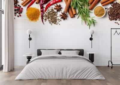 A variety of Indian herbs and spices like basil, pepper, and saffron beautifully displayed on a white wooden table in a top-view shot, with plenty of free copy space image. Wall mural