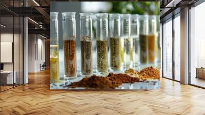 A variety of soil samples in test tubes on a table, depicting a soil science concept with copy space image. Wall mural