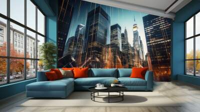 Abstract financial diagram and upward arrow combined with Manhattan office buildings symbolizing rise and breakthrough Wall mural