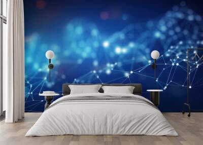 Abstract technology network with connected line dots on blue polygon background Wall mural